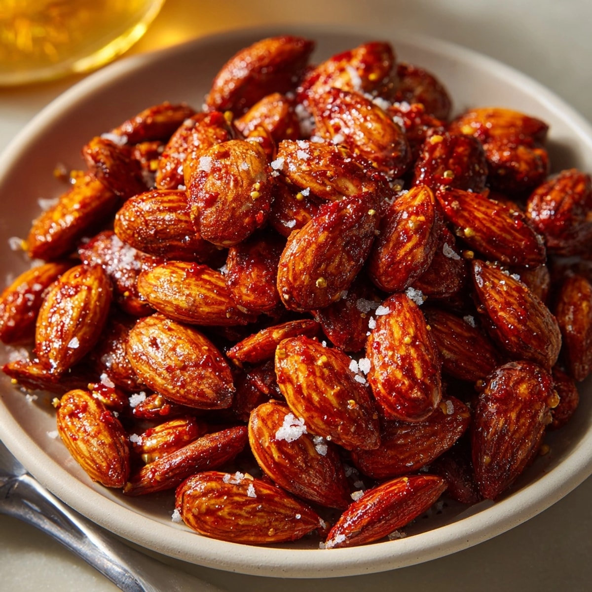 Crispy, smoky paprika roasted almonds, a spicy snack, perfect for game day entertaining.
