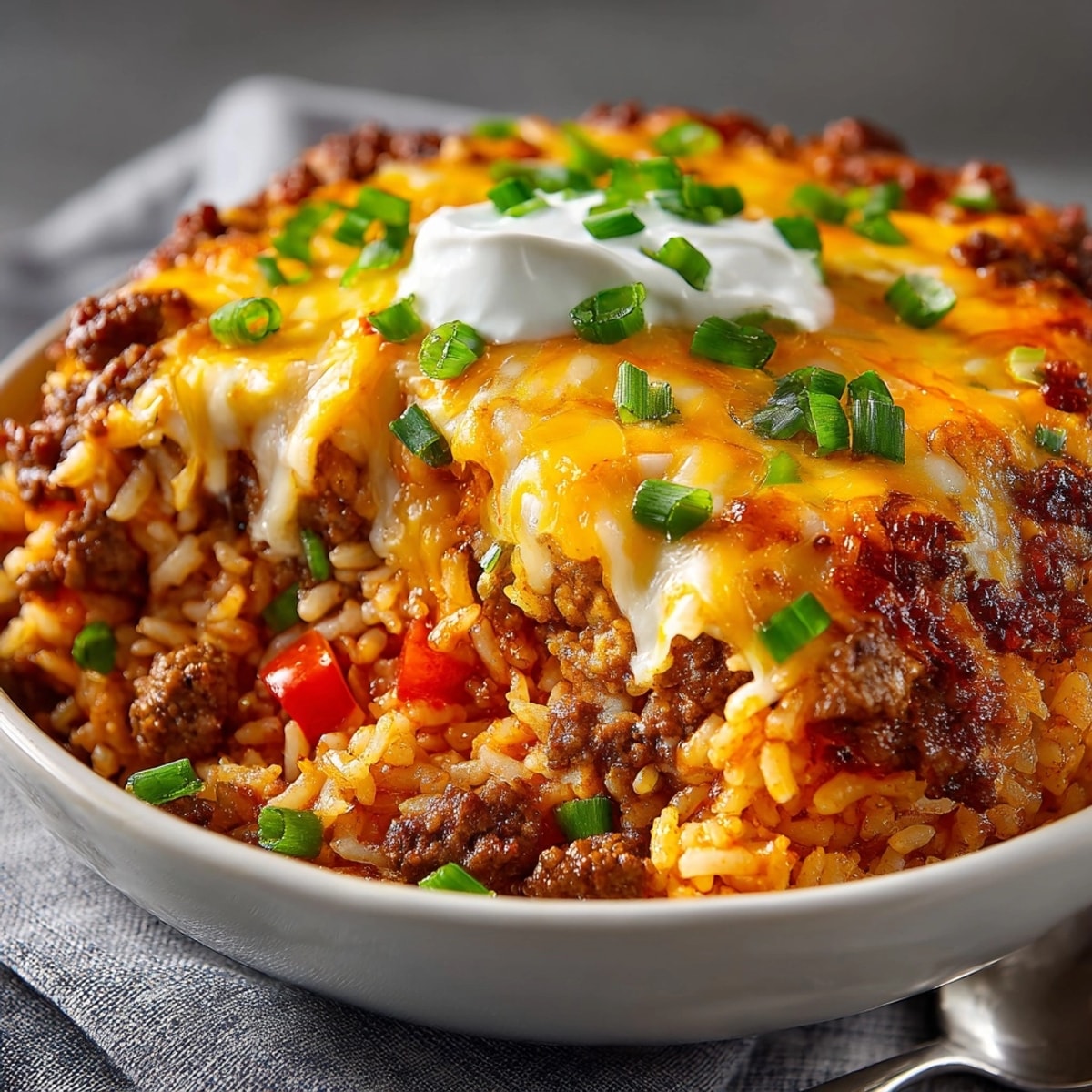 Comforting Cheesy Tomato Rice &amp; Beef Skillet, ready in one pan, great weeknight dinner.