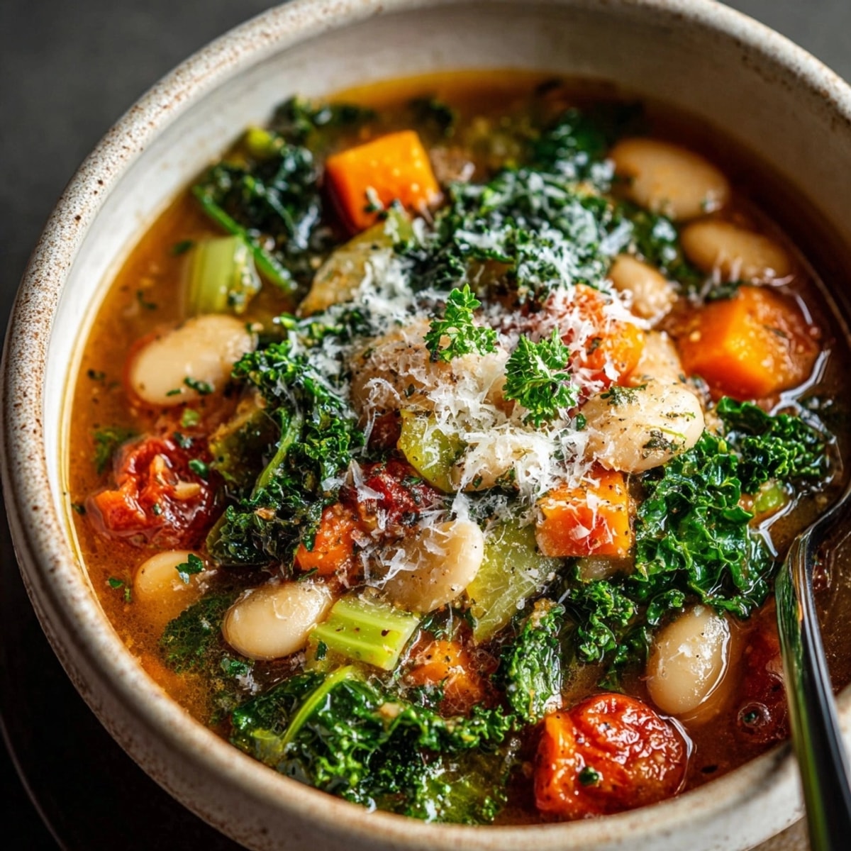 Creamy One-Pot Tuscan White Bean Soup simmering in a rustic pot, fragrant with herbs.