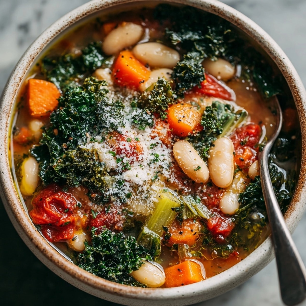 Close-up shows hearty, steamy One-Pot Tuscan White Bean Soup, ready for a cozy dinner.
