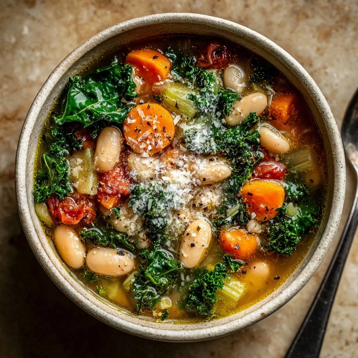 Delicious, easy One-Pot Tuscan White Bean Soup, served with crusty bread and fresh basil.