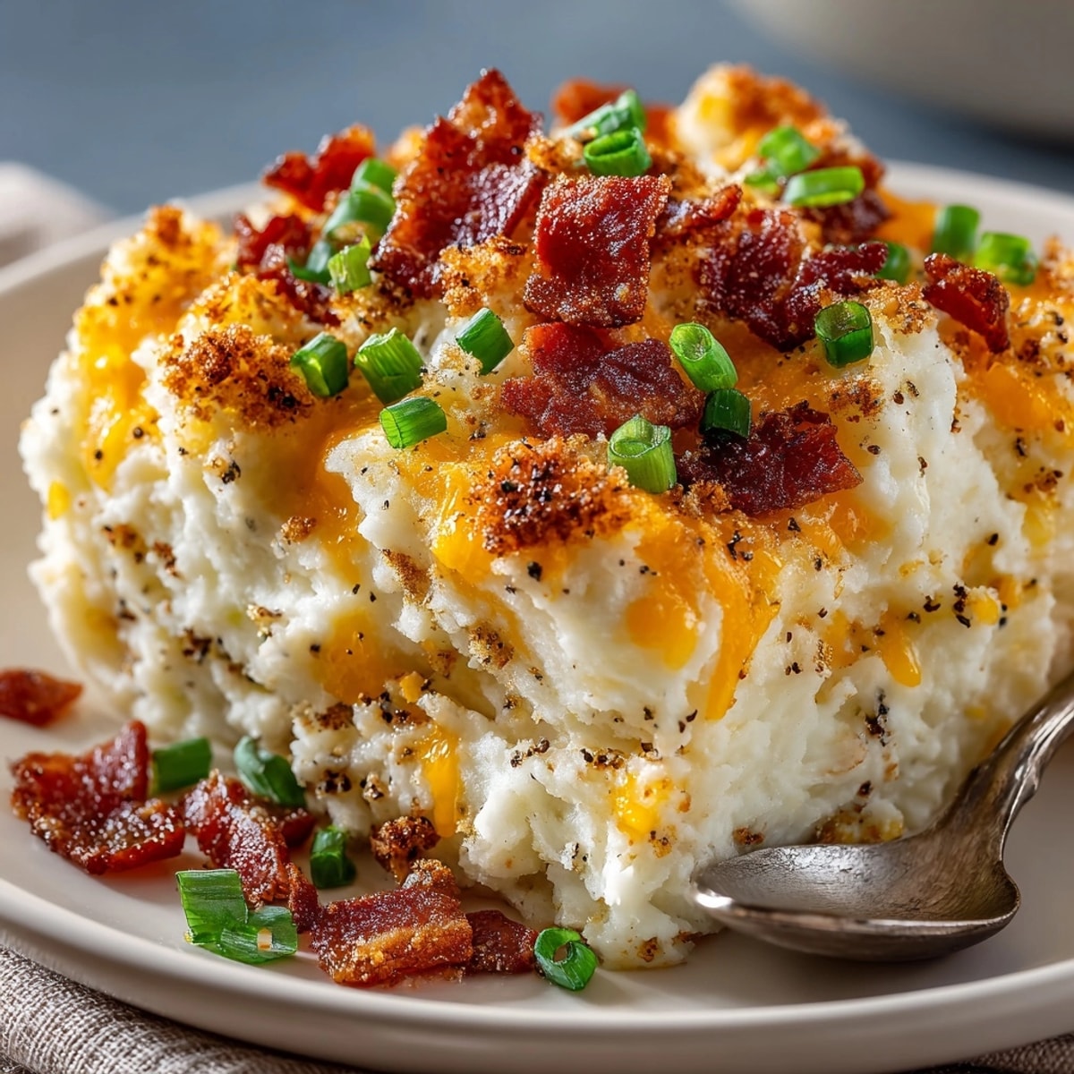 Creamy, bubbling Loaded Cheddar Mashed Potato Casserole, a comforting dish for holiday gatherings.