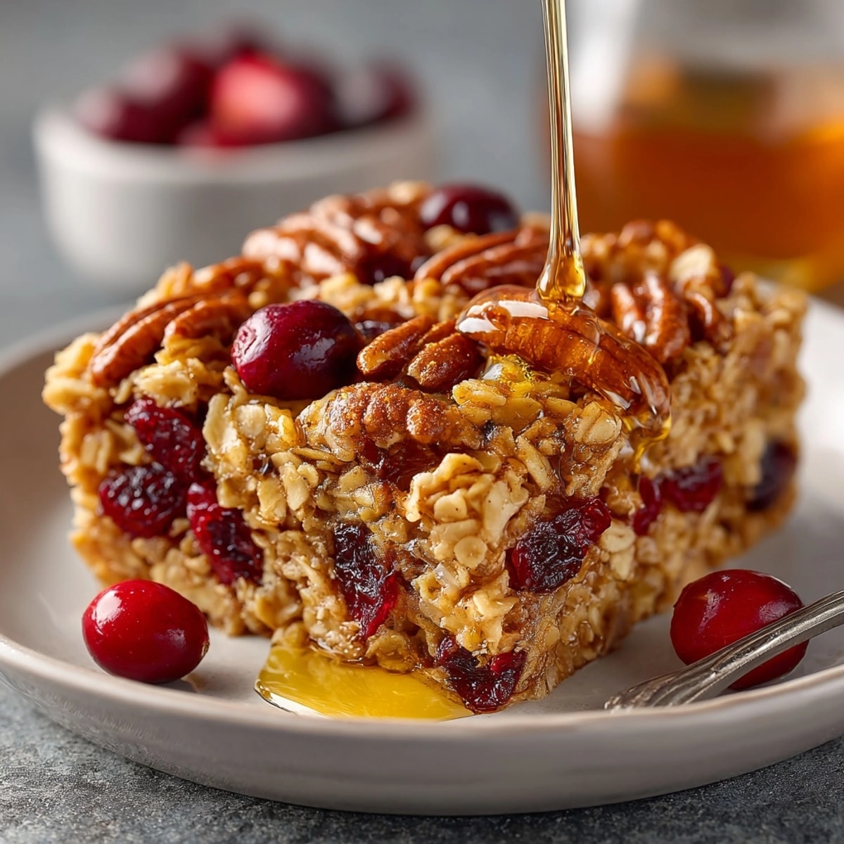 Golden Maple Cranberry Pecan Oatmeal Bake, a warm and comforting autumn breakfast treat.