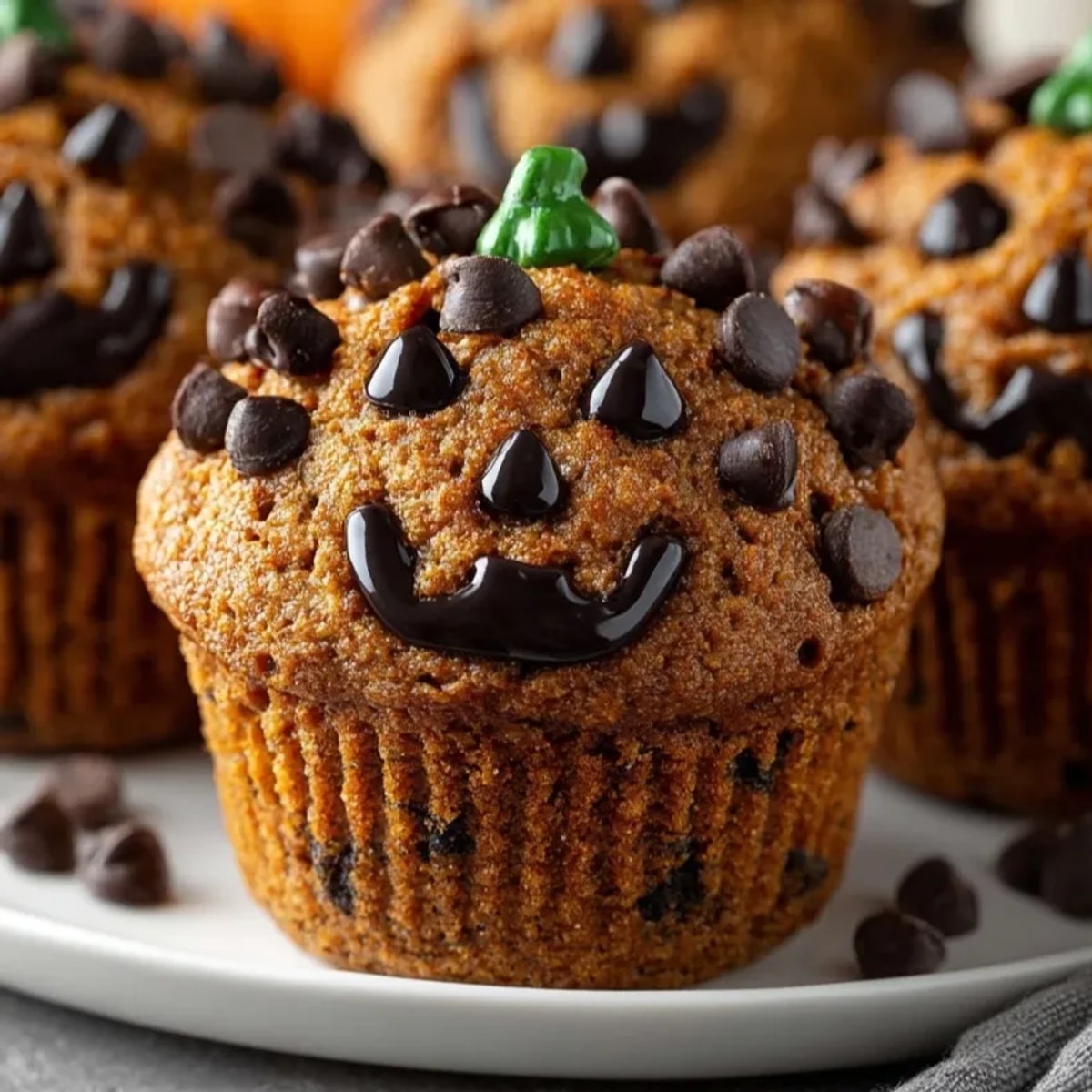 Golden whole wheat pumpkin muffins, spiced aroma, decorated with chocolate faces for a fall treat.
