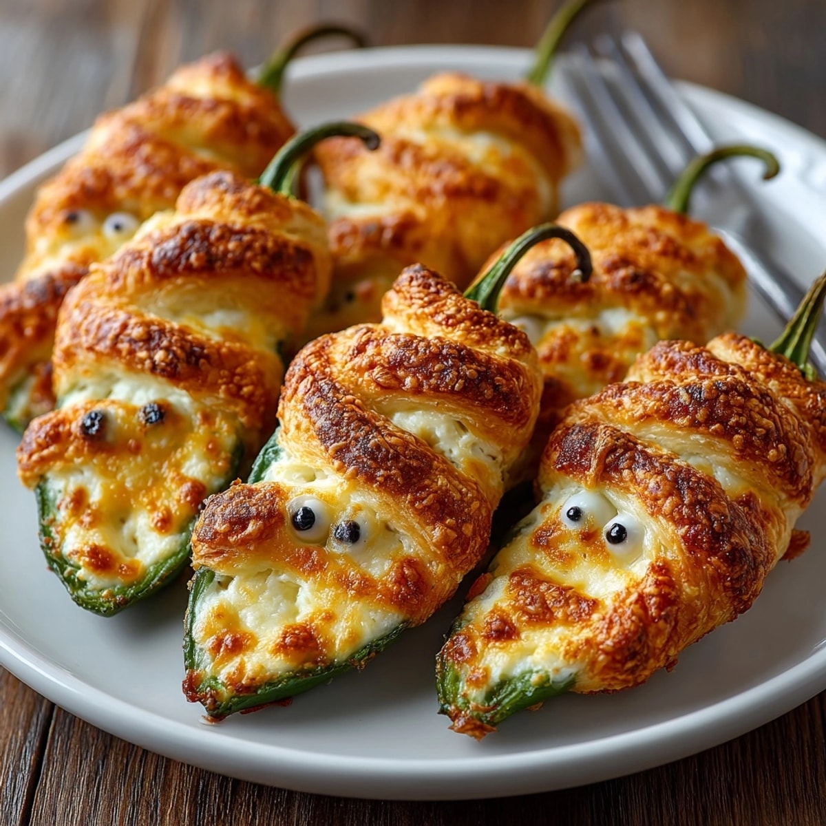 Creamy Mummy Jalapeño Poppers ready from the oven, golden brown with melted cheese.