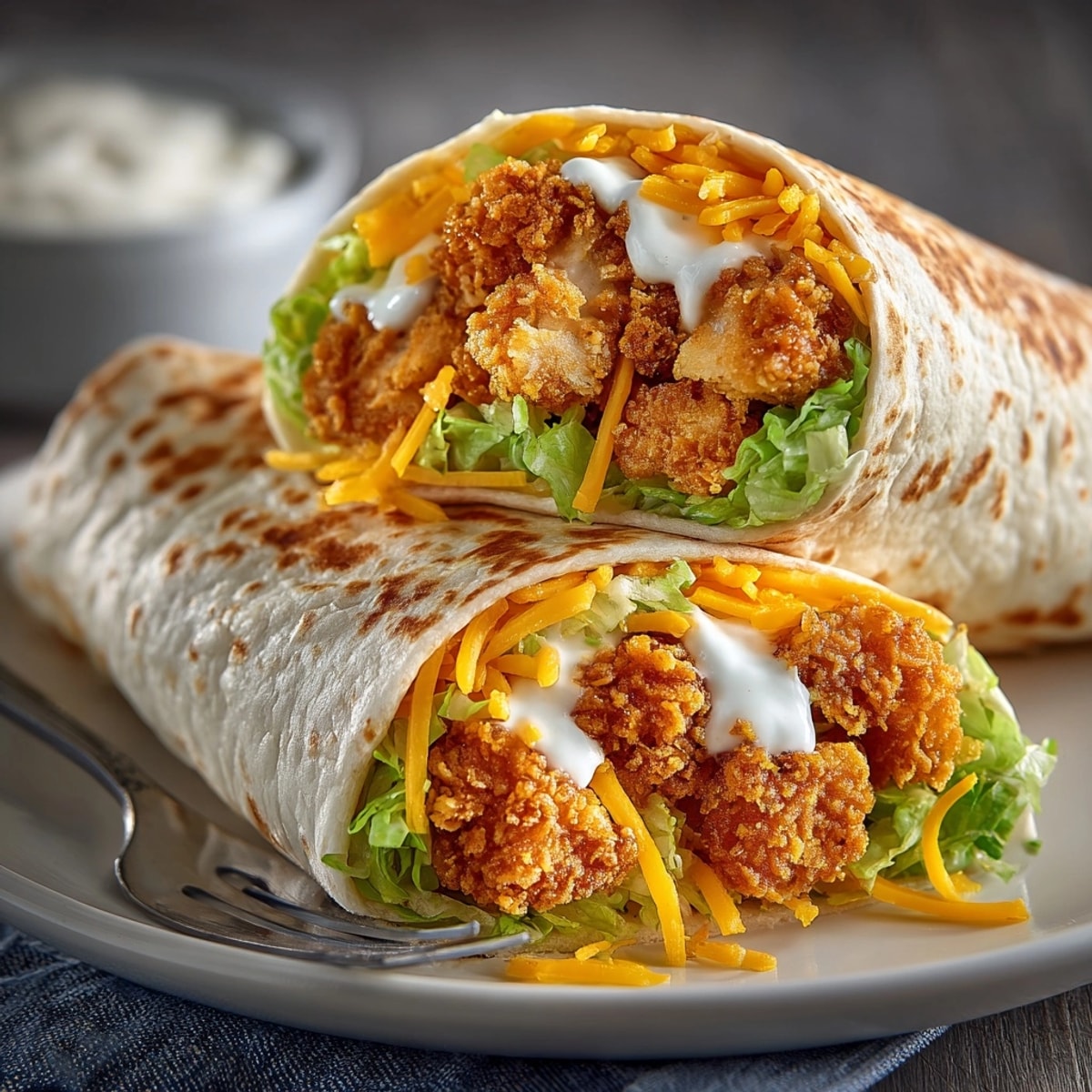 Golden, crispy chicken ranch snack wraps, filled with cheese and lettuce, on a plate.