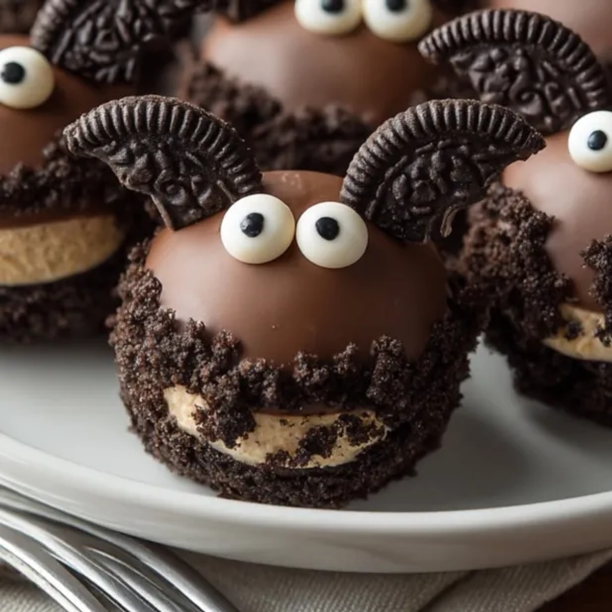 Rich, dark chocolate covers creamy Oreo “Bat” Truffles—a tempting Halloween dessert.