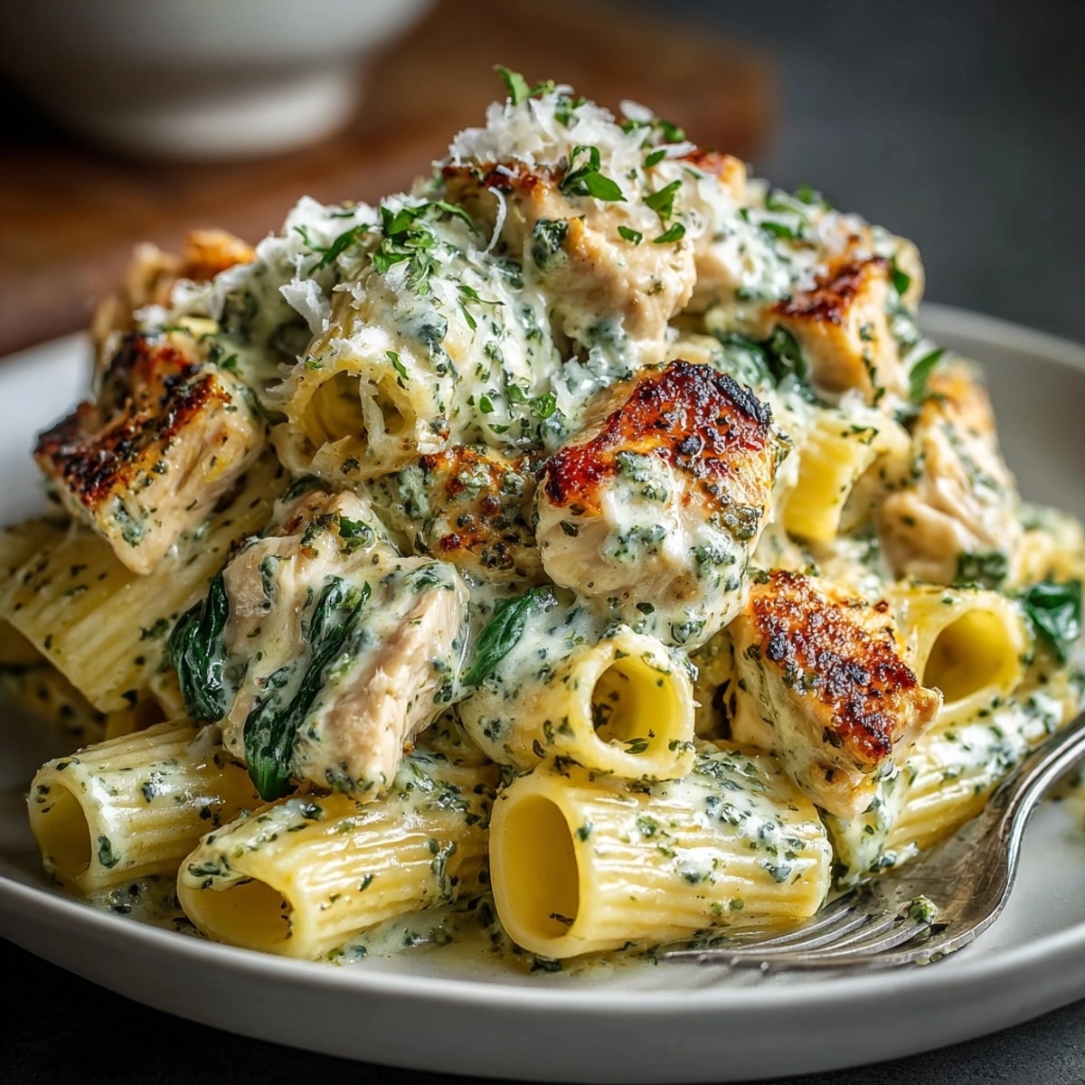 Golden, bubbly Creamy Pesto Chicken Pasta Bake, ready from the oven and served hot.