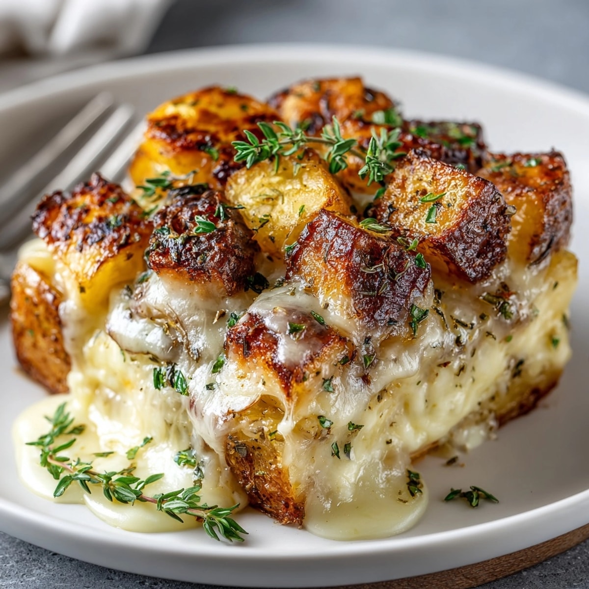 Close-up of cheesy French Onion Soup Potatoes; golden brown, ready to serve, steaming hot.