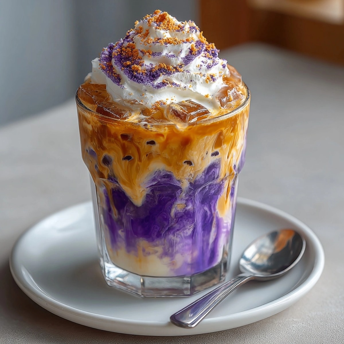 Iced Ube Latte: Swirling purple yam and creamy milk, served over ice, vibrant and sweet.