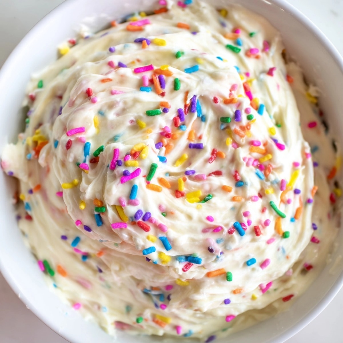 Creamy Funfetti Cake Batter Dip with rainbow sprinkles, ready to dip with graham crackers.