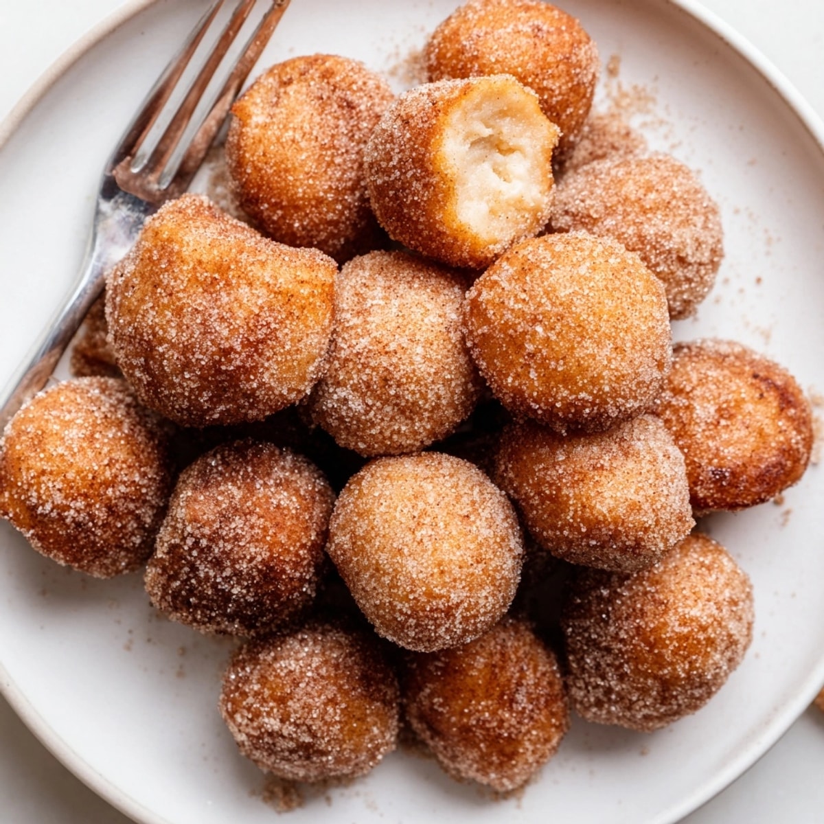Golden-brown Cinnamon Sugar Donut Holes, freshly fried and coated, ready for a sweet bite.