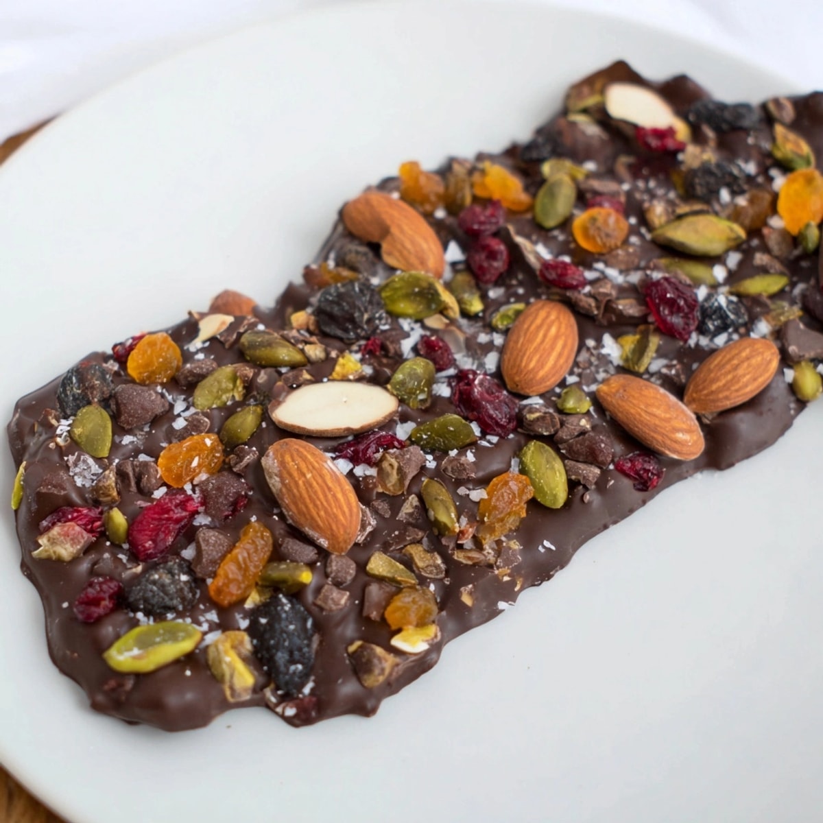 Melted dark chocolate bark, studded with colorful dried fruits and salty nuts.