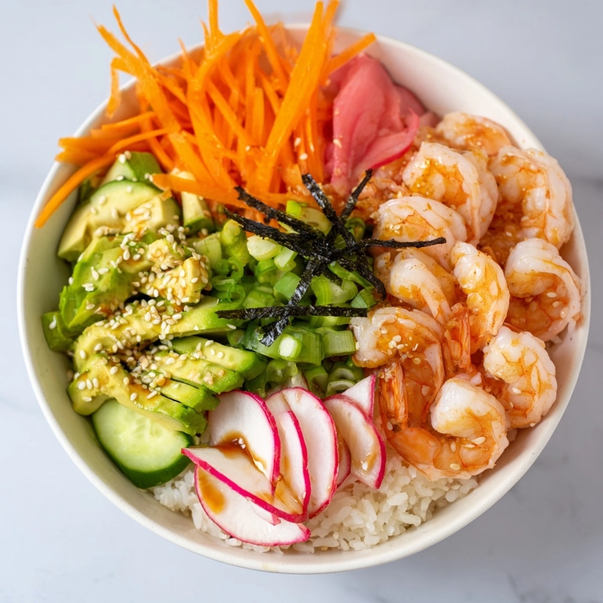 Close-up of a Shrimp and Avocado Sushi Bowl with sesame seeds and nori topping.