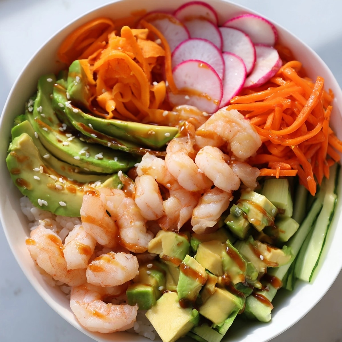 Colorful Shrimp and Avocado Sushi Bowls, a quick, healthy dinner with tangy dressing.