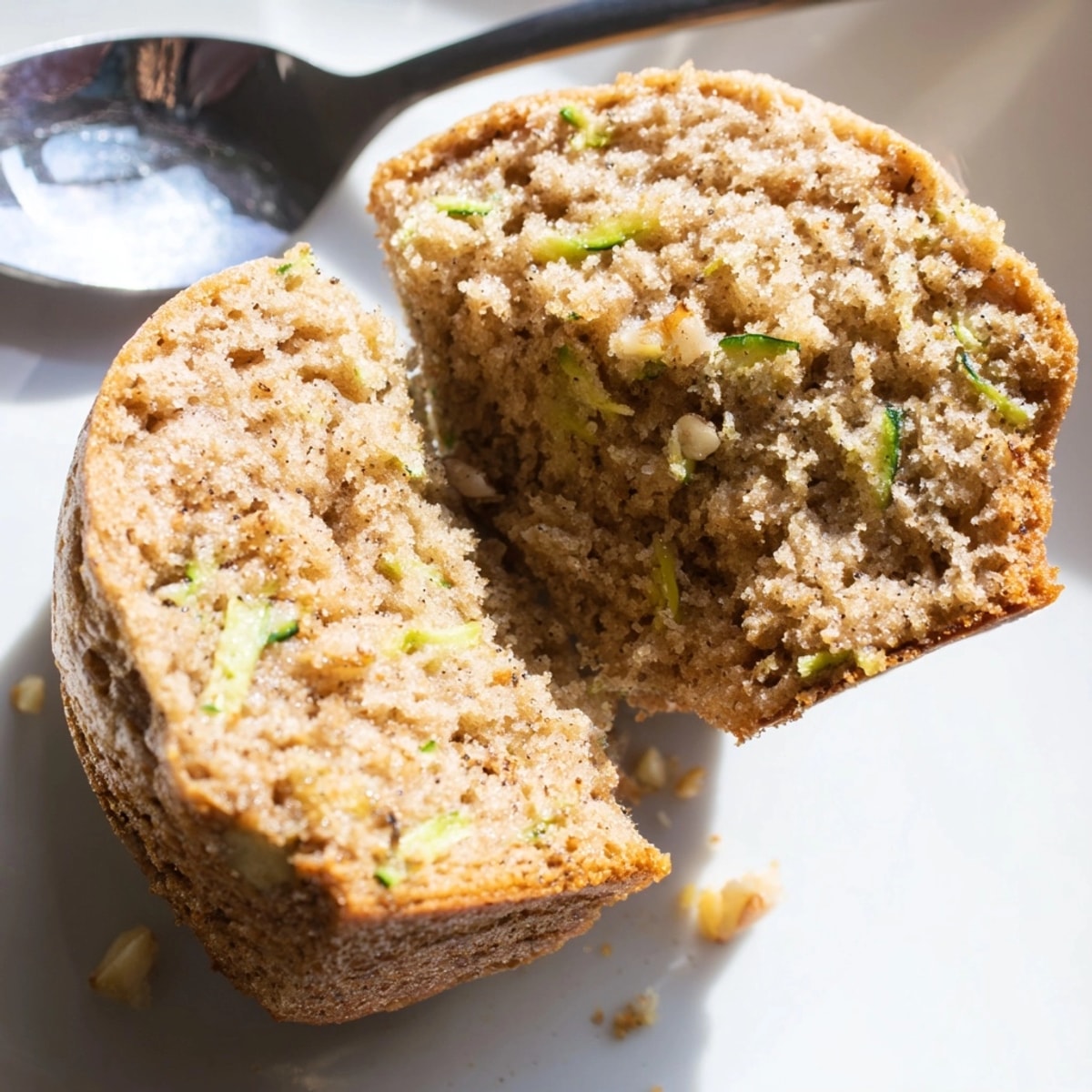 Golden Protein Cinnamon Zucchini Muffins, warm from the oven, dotted with crunchy nuts.