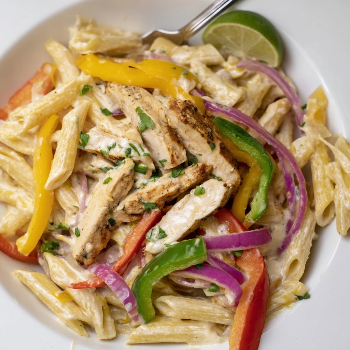 Close-up of creamy Alfredo Chicken Fajita Pasta, ready to serve with fresh parsley.