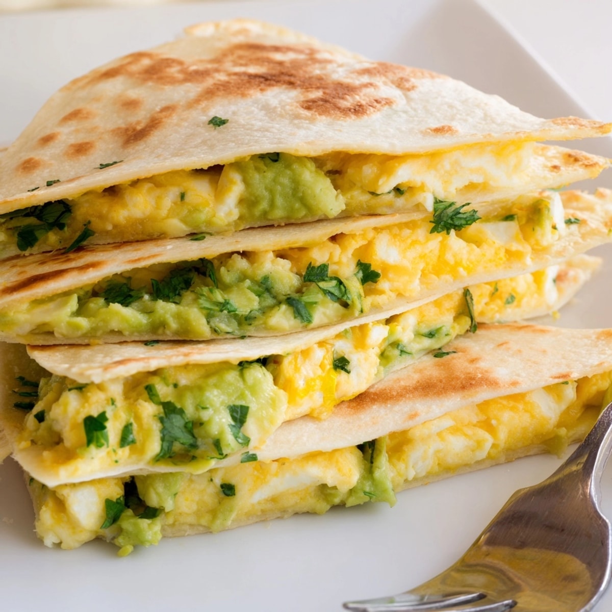 Golden brown Avocado Egg Cheddar Quesadillas, oozing melted cheese, ready to serve with salsa.