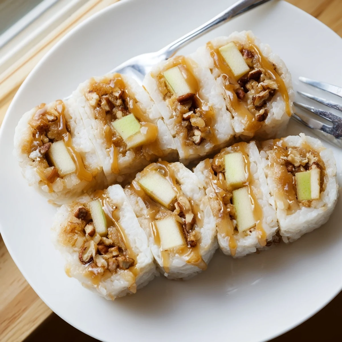 Delicious caramel apple sushi rolls garnished with crunchy pecans and caramel drizzle.  