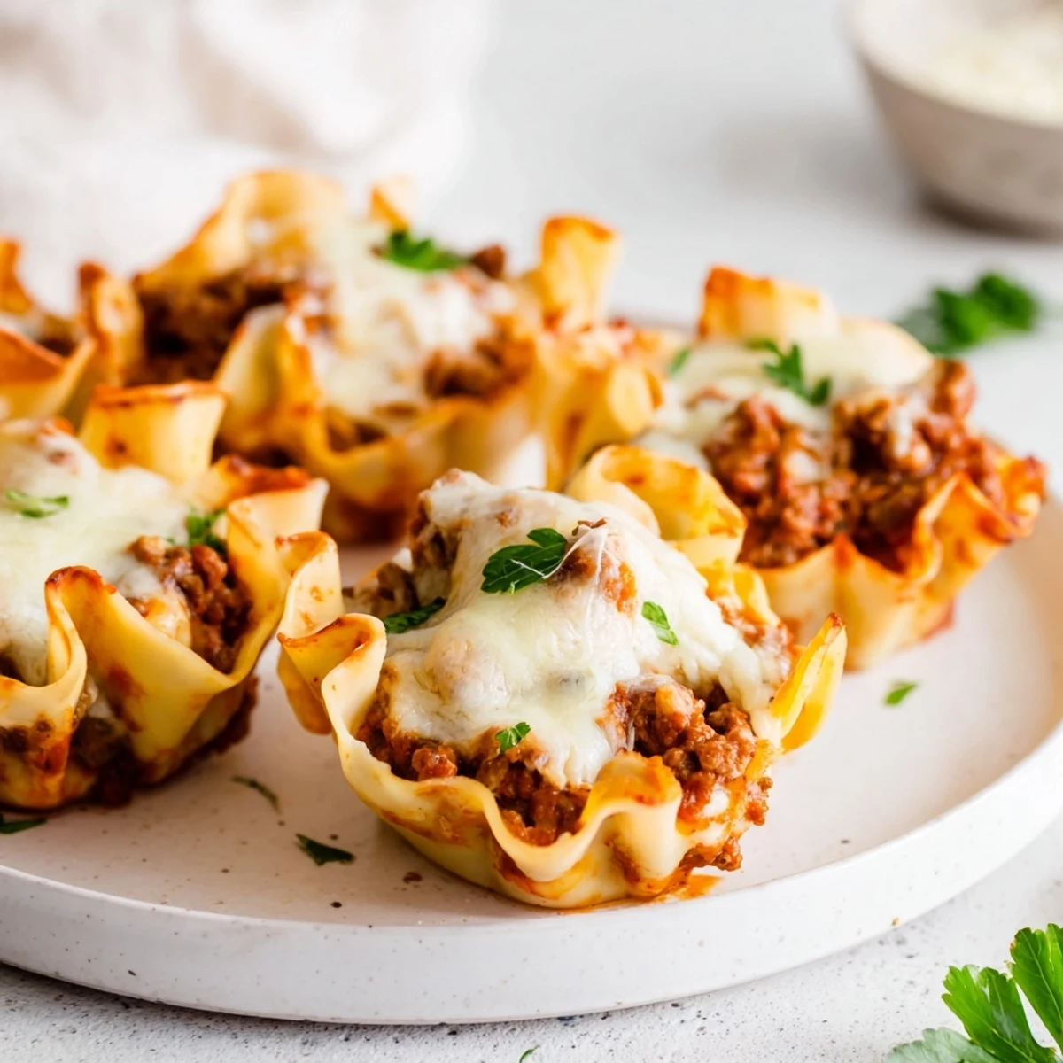 Delicious lasagne soup-free pasta cups topped with bubbly mozzarella cheese.  