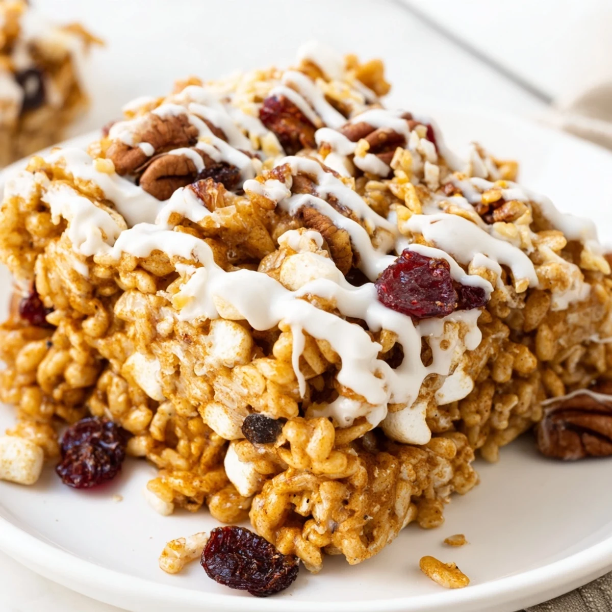 Festive Thanksgiving Rice Krispie Treat Dessert drizzled with white chocolate and autumn sprinkles.  