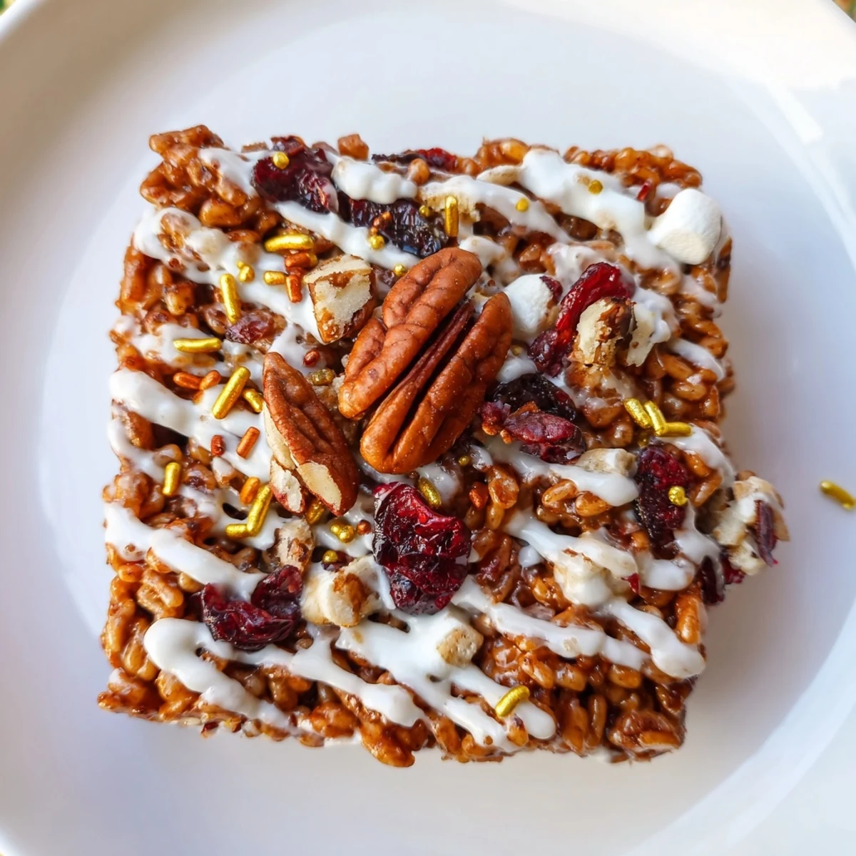 Delicious Thanksgiving Rice Krispie Treats topped with chocolate and a sprinkle of pecans.
