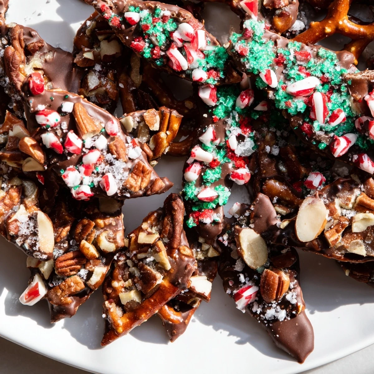 Crispy Holiday Snack Chocolate Pretzel Thins adorned with colorful sprinkles for festive cheer.  