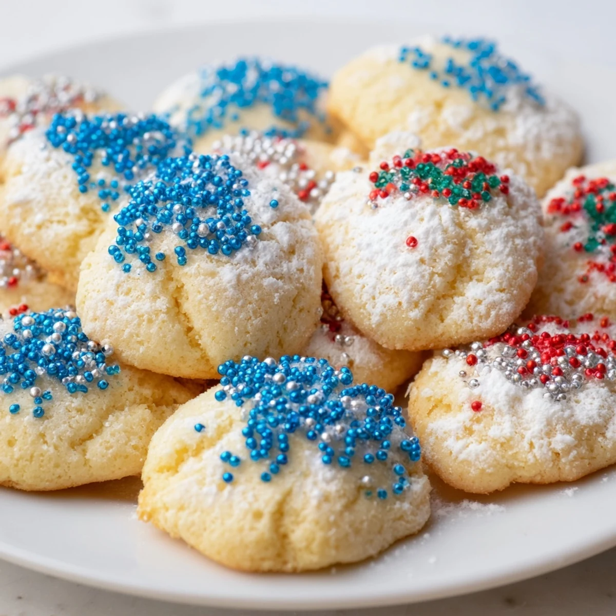 Delicious festive Hanukkah puffed Christmas cookies topped with powdered sugar and sparkling sprinkles.  