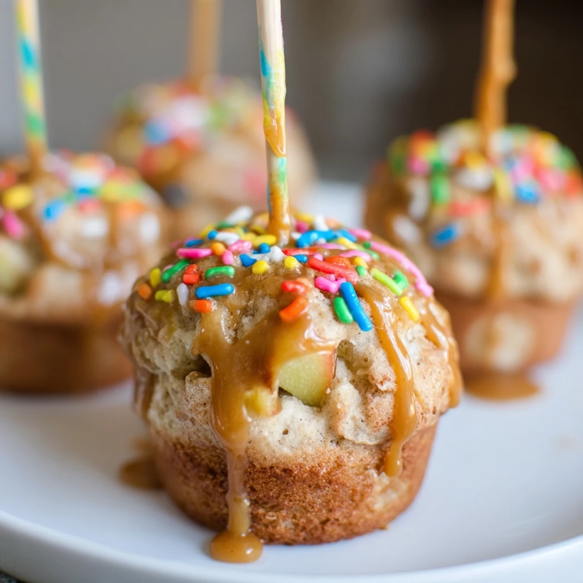 Golden muffin pops drizzled with caramel and sprinkled with colorful rainbow toppings.  