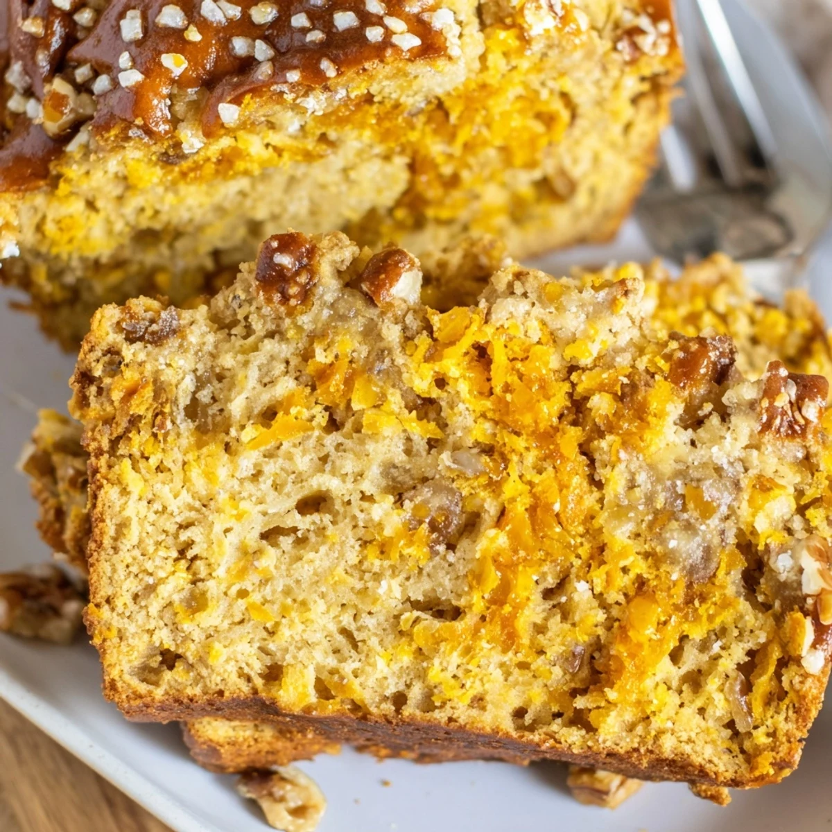 Warm Maple Ginger Cheddar Pretzel Muffin Loaf with a crunchy pretzel topping.  