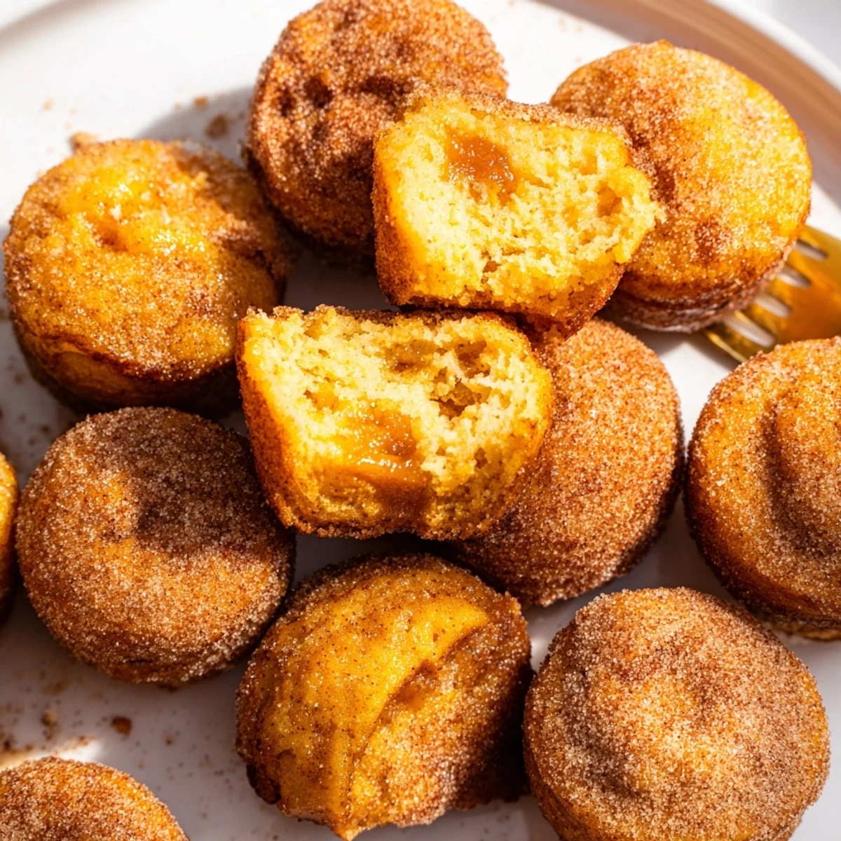 Soft chai caramel pumpkin pancake muffin balls topped with cinnamon sugar, perfect for breakfast.  