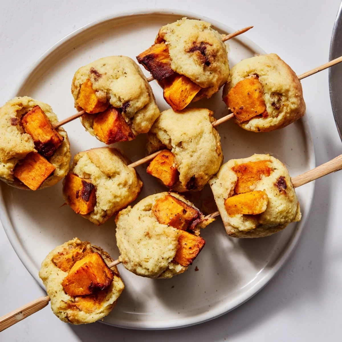 Savory-sweet Sweet Potato Chili Garlic Biscuit Muffin Skewers, perfect for sharing at parties.  