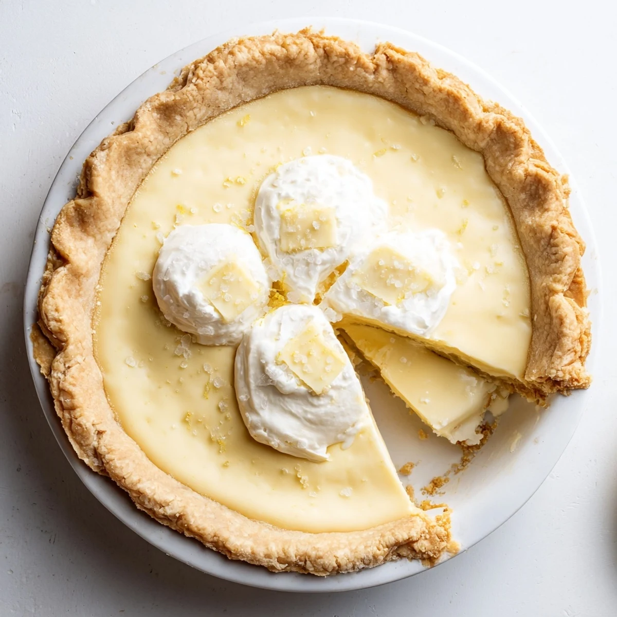 Delightfully golden-brown water pie, embodying nostalgia with creamy vanilla flavors.