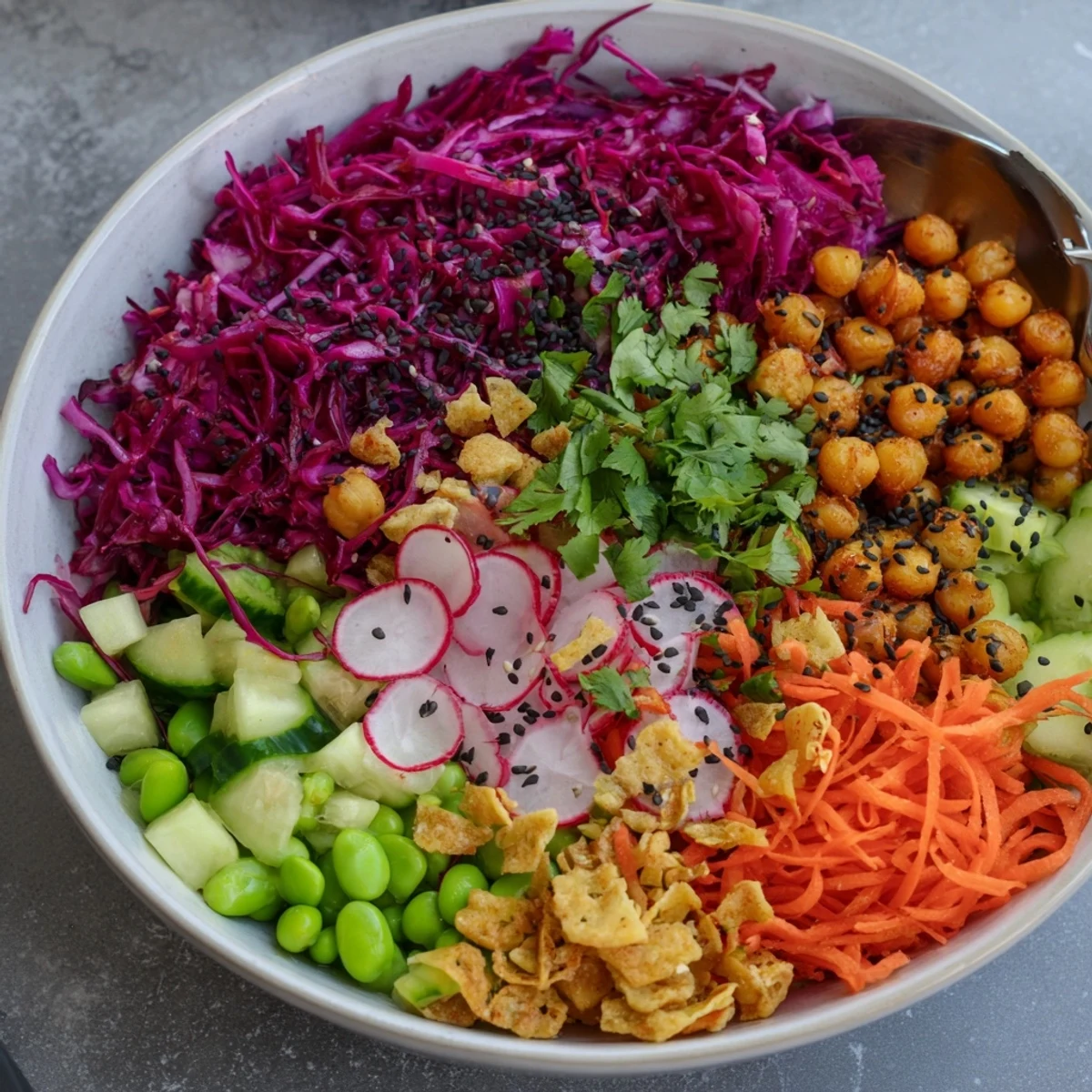 A colorful ASMR Crunch Snack Bowl filled with fresh veggies and crispy toppings.  