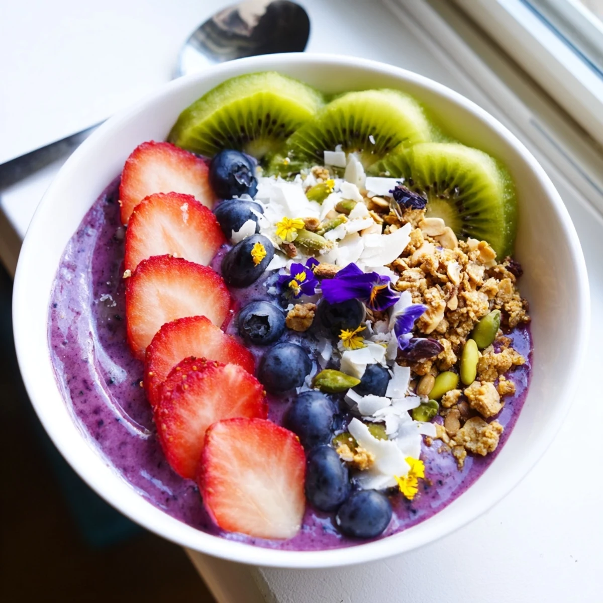 Vibrant smoothie bowls with pistachio and purple yam, bursting with fresh fruit toppings.  