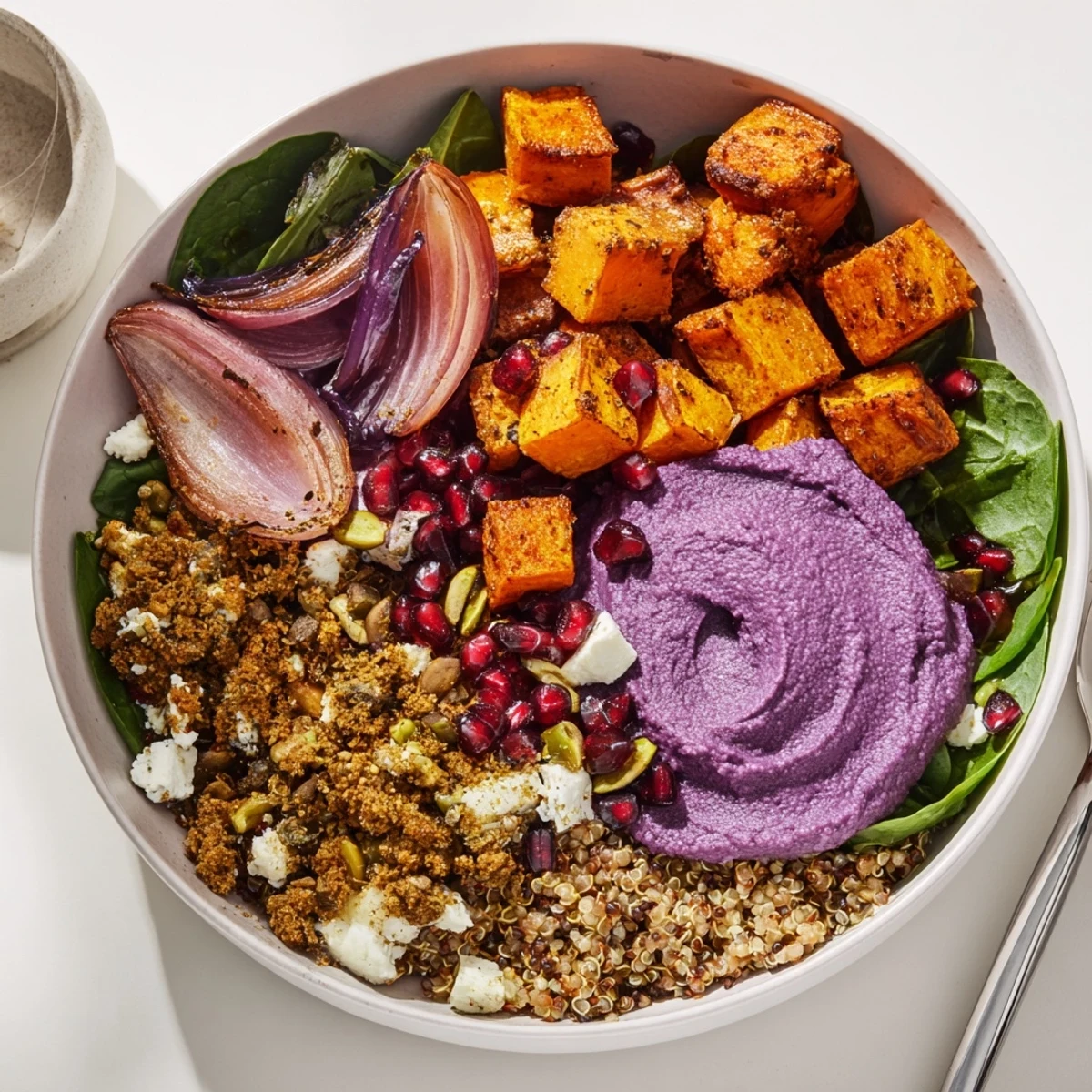 Warm spiced winter bowls featuring roasted root vegetables and pistachio-maple crumble.