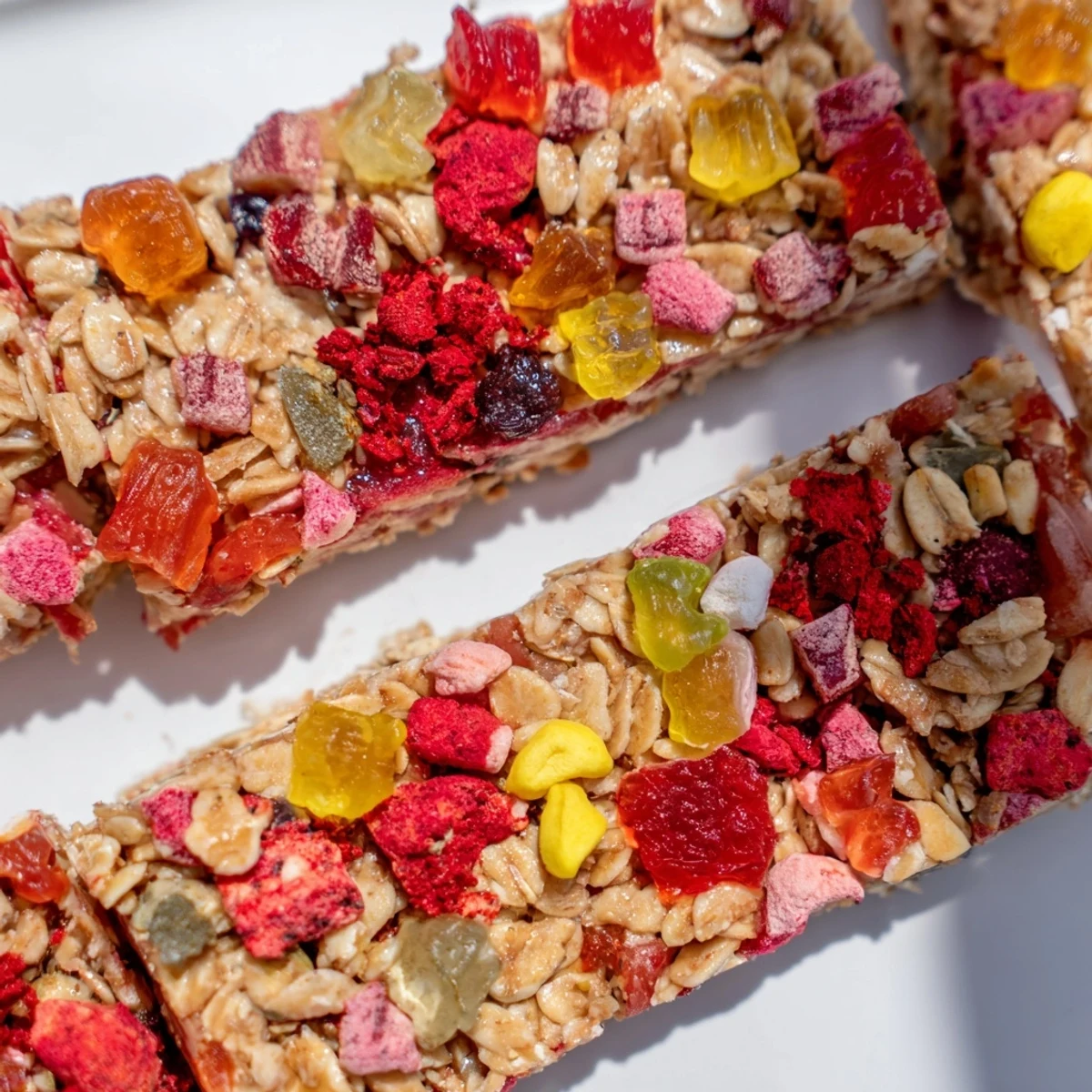 Colorful DIY snack bars with chewy gummies and crispy freeze-dried candy toppings.  