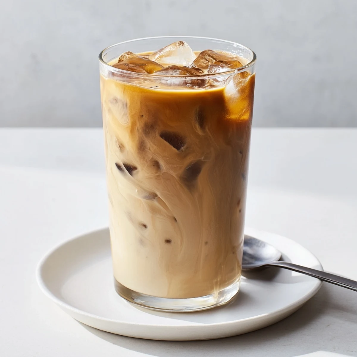 Rich tahini iced coffee pouring over ice, showcasing Middle Eastern flavor infusion.  