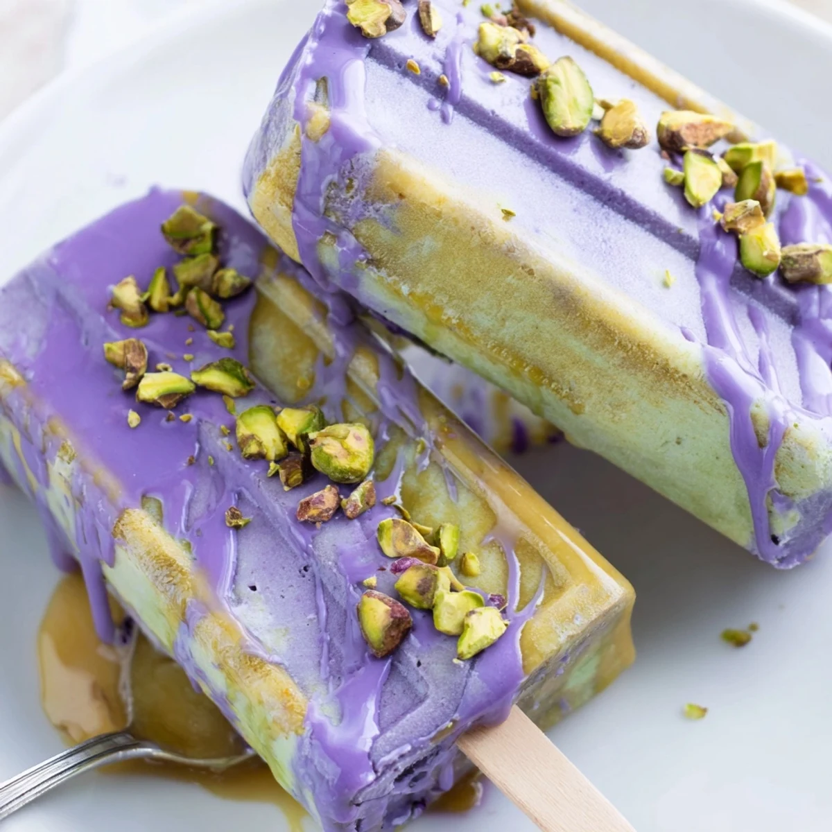 Colorful and delicious ube pistachio ice cream bars, a delightful fusion dessert treat.