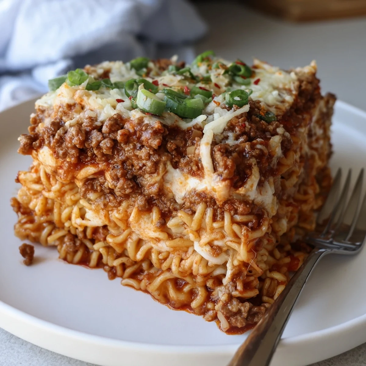 Layers of Spicy Ramen Lasagna showcase spicy pork, rich cheese, and vibrant tomato sauce.  