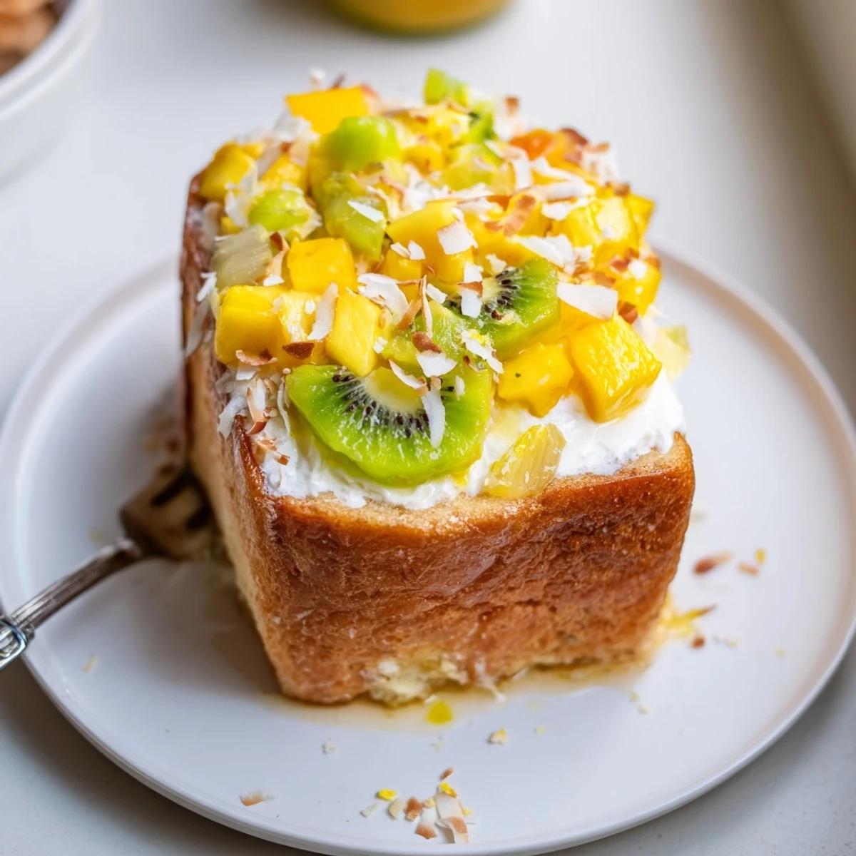 Creamy yogurt-custard toast topped with vibrant tropical fruits for breakfast bliss.  