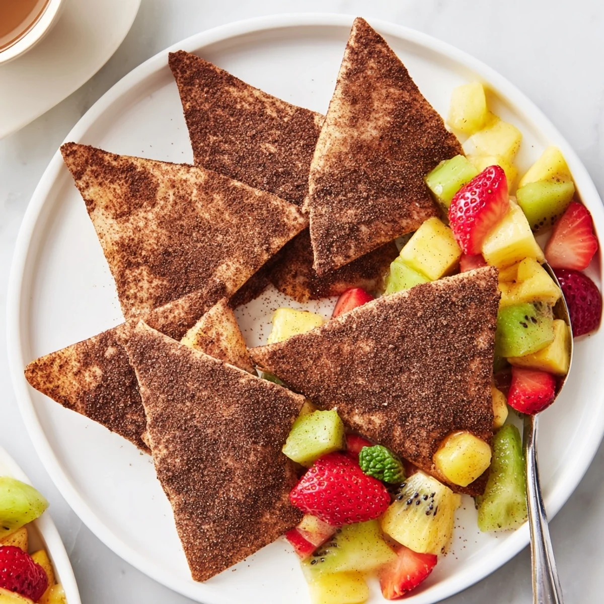 Crispy Dessert Chips & Salsa with chocolate tortilla chips and fresh fruit medley.  