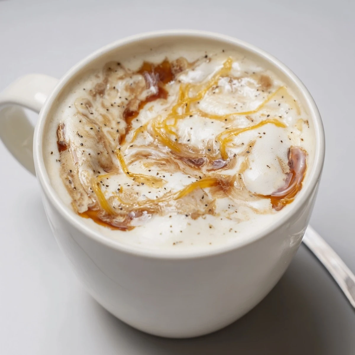 Caramelized onion latte in a frothy cup, a unique coffee experience to savor.  