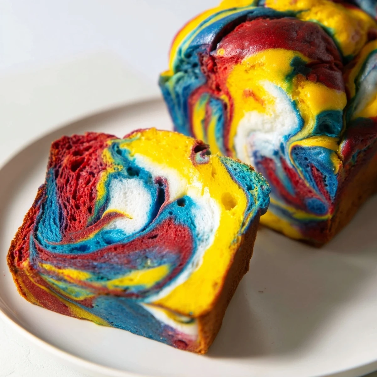 Fluffy cloud bread in vibrant rainbow colors, perfect for a cheerful breakfast treat.  