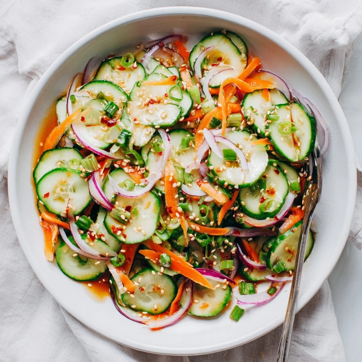 Vibrant cucumber salad remix with sesame oil, perfect for summer picnics.  