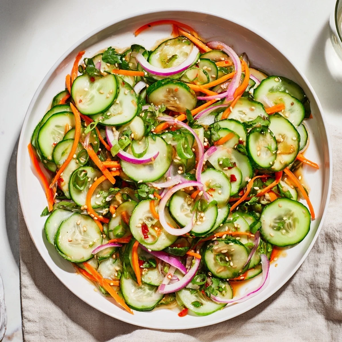 Refreshing cucumber salad remix topped with sesame seeds for a flavorful crunch.  