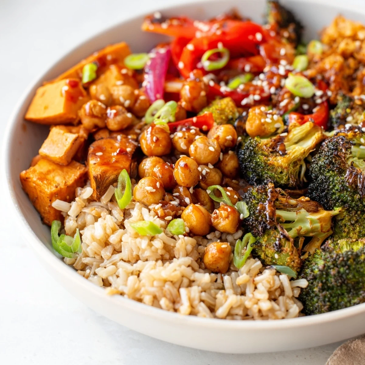 Colorful grain bowls showcasing bold, miso-butter and gochujang-maple sauces.  