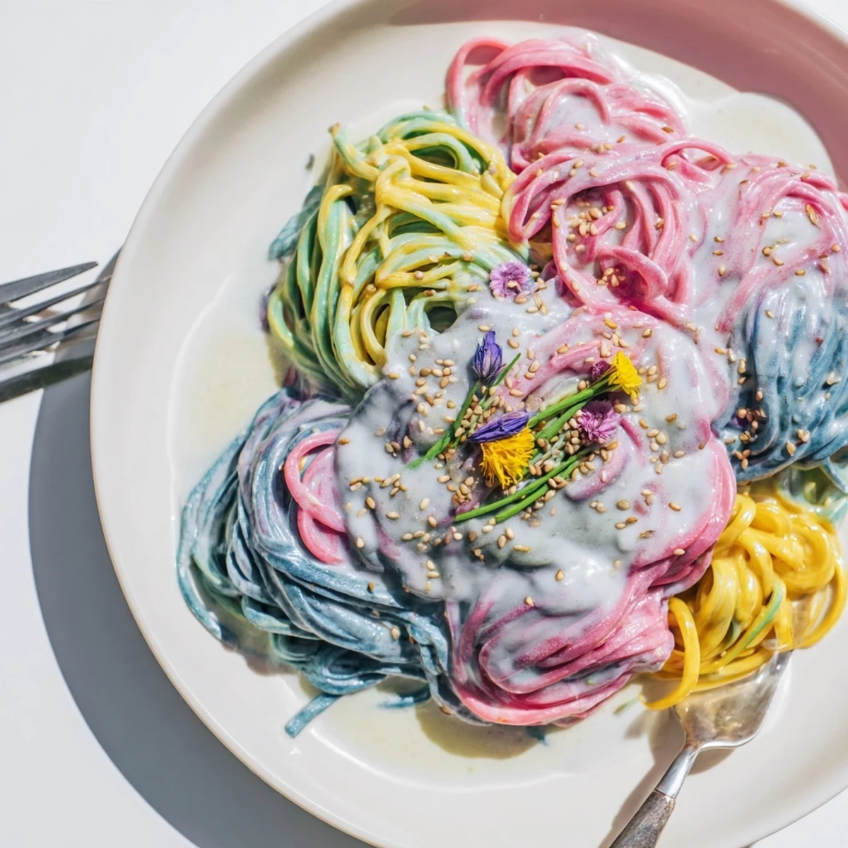 Whimsical Neon Noodle Cloud in creamy sauce, colorful swirls delight both kids and adults.