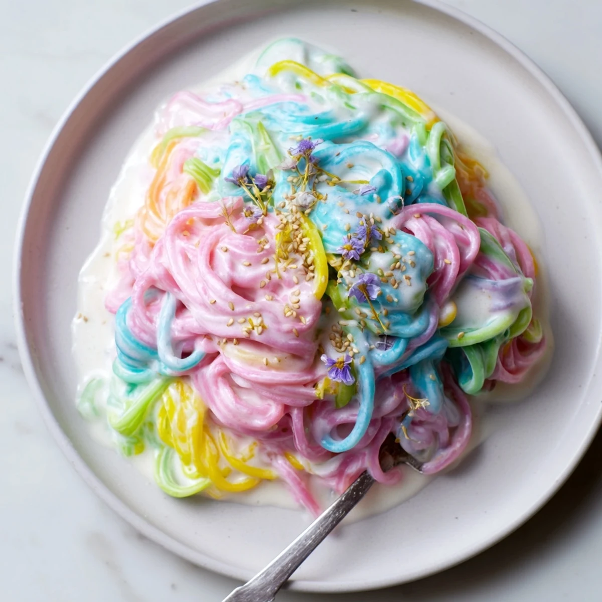 Vibrantly colored noodles smothered in rich cloud sauce, perfect for lively dinner parties.