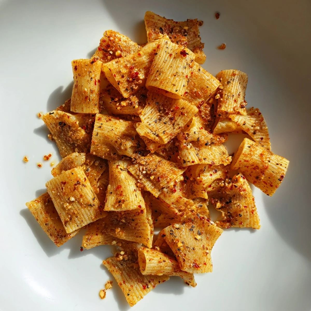 Crispy pasta chips seasoned variety served with tangy marinara for delightful snacking.  